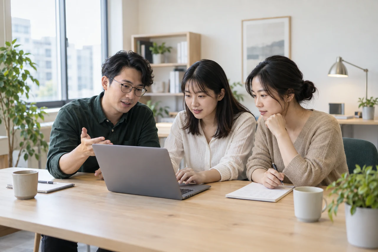 AI生成情境:顧問與兩位企業同仁同桌操作筆電,學習工作流程。